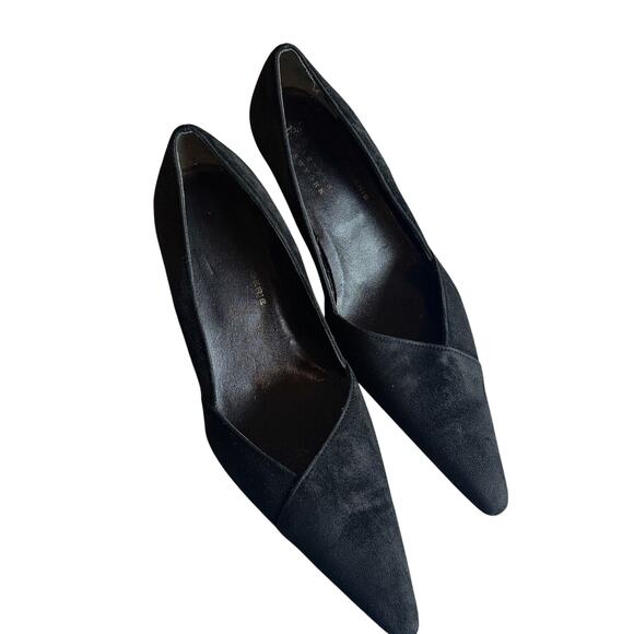 ROBERT CLERGERIE BLACK SUEDE POINTED TOE TRIANGLE HEEL PUMPS - - Picture 1 of 5
